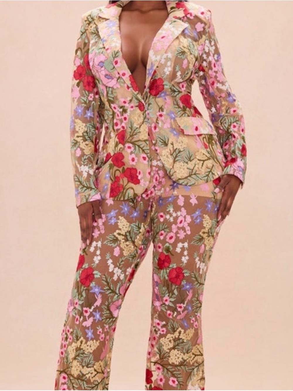 Fashion Nova Floral Lace Sheer Blazer & Pants Set. Blazer M/ Pants S.